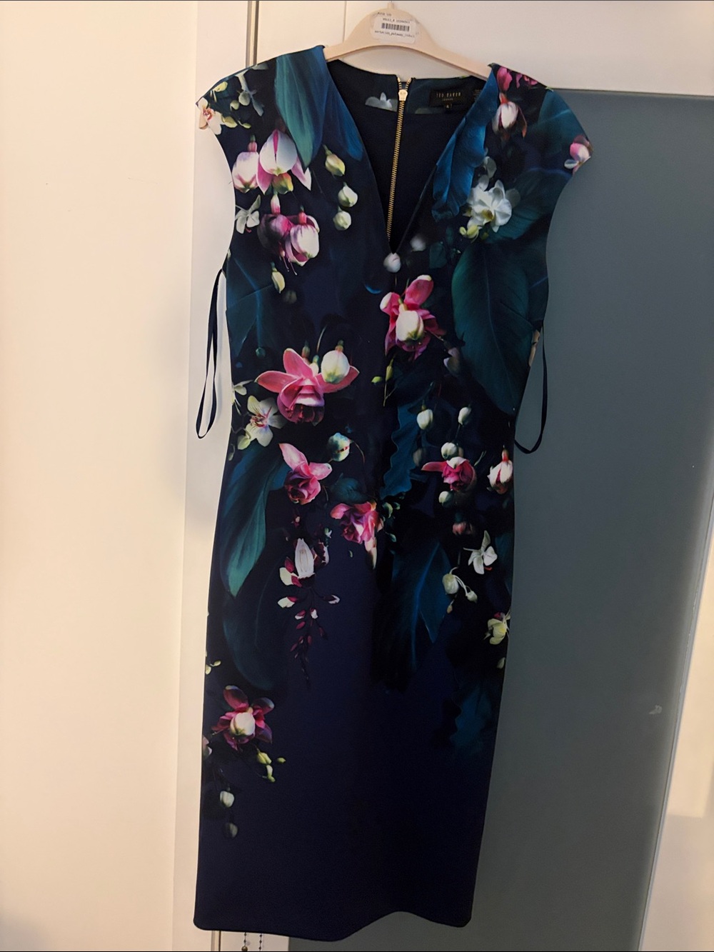Ted Baker Navy Floral Midi Dress with Pink & Green Blooms